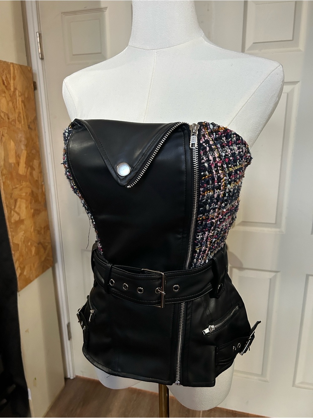 AKIRA Black Multi Tweed and Faux Leather Bustier
